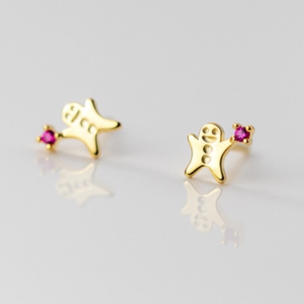 Sterling Silver Cute Gold Gingerbread Cookies Pink Rhinestones Holiday Stud Earr